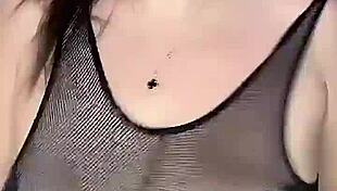 Intense fucking huge natural tits in stockings on body mesh from above