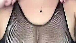 Intense fucking huge natural tits in stockings on body mesh from above