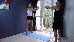 Julia stretches before sucking her boyfriends cock