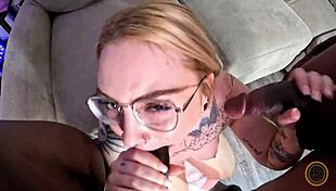 nerdy white girl moans during double bbc blowjob with huge cocks