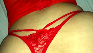 Little whore in red lingerie moans deliciously as her ass begs for urgent double penetration