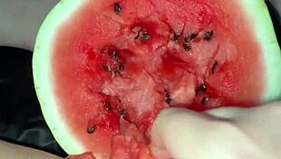 I can't believe how many orgasms she gets from that watermelon in her tight pussy!