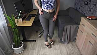 Amateur milf teases perfect ass in tight jeans, 'look at this!' panties line