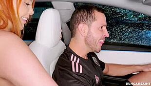 Driver lucks out with slutty pornstar pickup