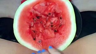 I can't believe how many orgasms she gets from that watermelon in her tight pussy!