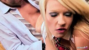 Big tits girl in uniform seduces teacher for thong side fuck in classroom