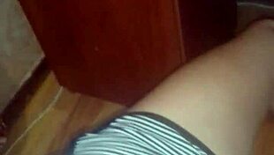 Skinny girl caresses pussy in shorts to orgasm