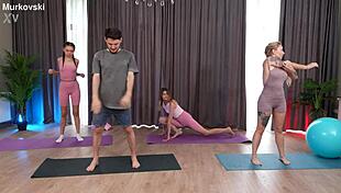 fitness trainer fucks two athletic clients in doggystyle and cowgirl