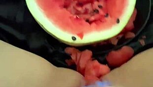 I can't believe how many orgasms she gets from that watermelon in her tight pussy!