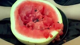I can't believe how many orgasms she gets from that watermelon in her tight pussy!