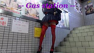 crossdresser teases in mini skirt at gas station