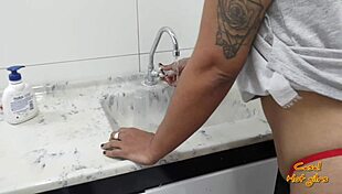Brazilian Housewife Washes Dishes While Taking Cock