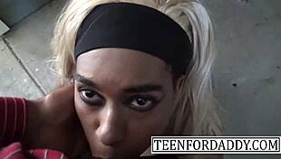 blonde asian step sister gives sloppy blowjob on knees in public