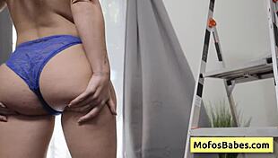 Petite mature Thalia Rhea gets her pink bald pussy fingered. She sucks huge dick of Charles Dera.