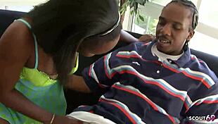 Tall black ebony step-sister tricks monster cock guy for taboo fuck at home