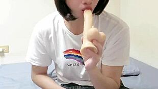 I can't get enough of shemale Tingxuan's barefoot blowjob in black stockings