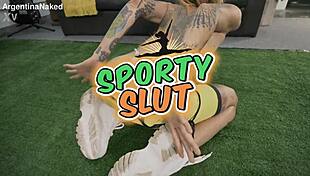 Look at that huge thigh-gap puffy cameltoe on the skinny tattooed babe in yoga leggings.