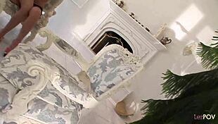 blonde lezzie licks her dark hair lover's pussy while their natural boobs friend watches them FUCK