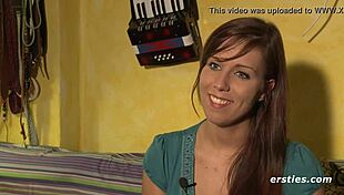 this green-eyed beauty with pierced nipples masturbates passionately