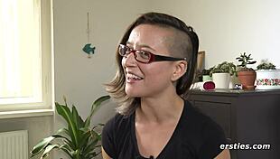 Ersties german brunette babe masturbates with dildo. Close up view.