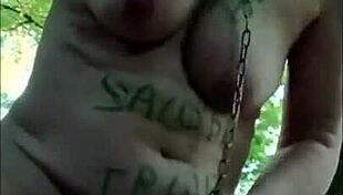 oh, the female slave is the slut in the forest. getting humiliated by the master