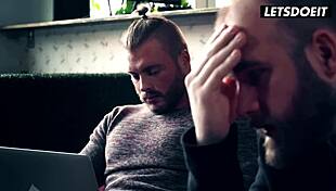 Angel Wicky, the horny stepsister, handles two massive cocks at the hostel.