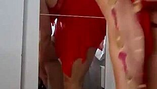 Mom applying cream in just her underwear, teasing with every stroke