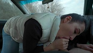 Brunette College Beauty Sucks Off Boyfriend in Car POV
