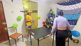 Intense homemade threesome with two horny women and a big cock friend ripping clothes and moaning loudly.