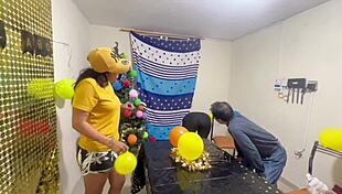 Intense homemade threesome with two horny women and a big cock friend ripping clothes and moaning loudly.