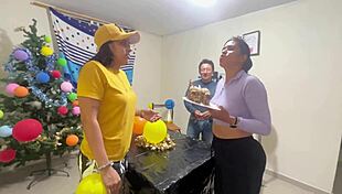 Intense homemade threesome with two horny women and a big cock friend ripping clothes and moaning loudly.