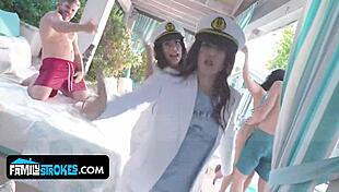 I feel the intense pleasure as step sisters gal and aubree reunite with stepmommy and stepdaddy in a sloppy orgy