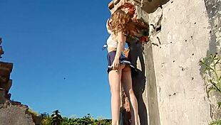 Spunky 18+ Teen Model Strips Naked Outdoors in Miniskirt Photoshoot Golden Temptation