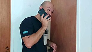 Stepbrother catches skinny milf masturbating on video call, then creampies her riding his big cock in dorm.