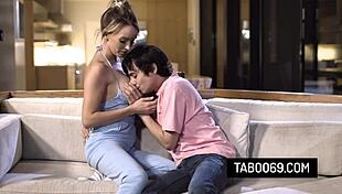 Hot Milf Stepmom Pristine Edge Seduces and Fucks Her Stepson on the Couch.