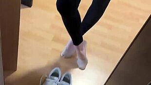 girl's early morning barefoot tease with smelly nylon socks fetish