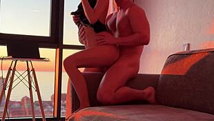 she's jumping on that dick at sunset, squirting her tight asian pussy with natural tits bouncing