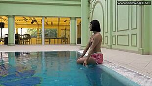 Lady Dee cute shy czech teen swimming in pool with petite body