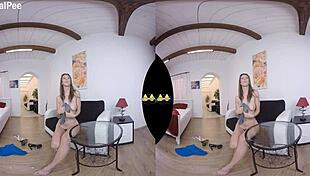 busty babe drenches herself in golden piss wearing heels