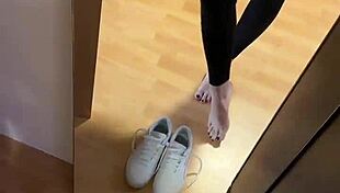 girl's early morning barefoot tease with smelly nylon socks fetish