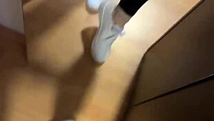 girl's early morning barefoot tease with smelly nylon socks fetish