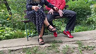 Mature woman handles huge shaft outdoors into glass