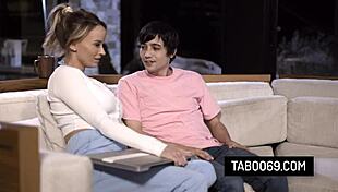 Hot Milf Stepmom Pristine Edge Seduces and Fucks Her Stepson on the Couch.