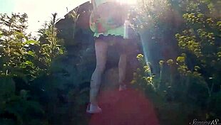 Spunky 18+ Teen Model Strips Naked Outdoors in Miniskirt Photoshoot Golden Temptation