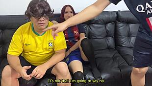 Girlfriend tricked with blindfold to pay boyfriend's football debt.