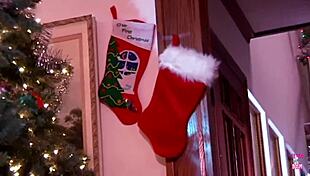 Christmas blonde big fake tits babe drilled deep by hung stud cumshot