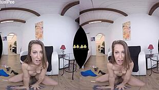 busty babe drenches herself in golden piss wearing heels