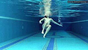 Lady Dee cute shy czech teen swimming in pool with petite body