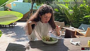 Cum-Faced Girl Eats Lunch Public Cafe Cumwalk!