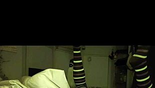 petite brunette slips into stockings for solo dildo play after teasing night out